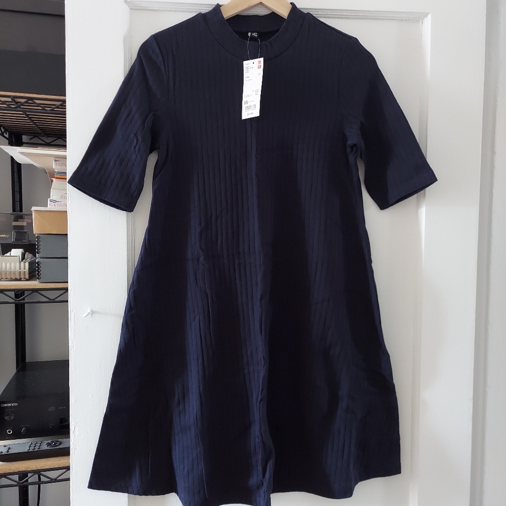 Uniqlo mock neck flare babydoll dress. Very dark navy. Brand new with tags. XS
